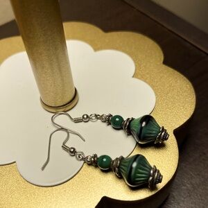 Ceramic Dangle Earrings hand painted Dark green Vintage 2”( possibly Italian )